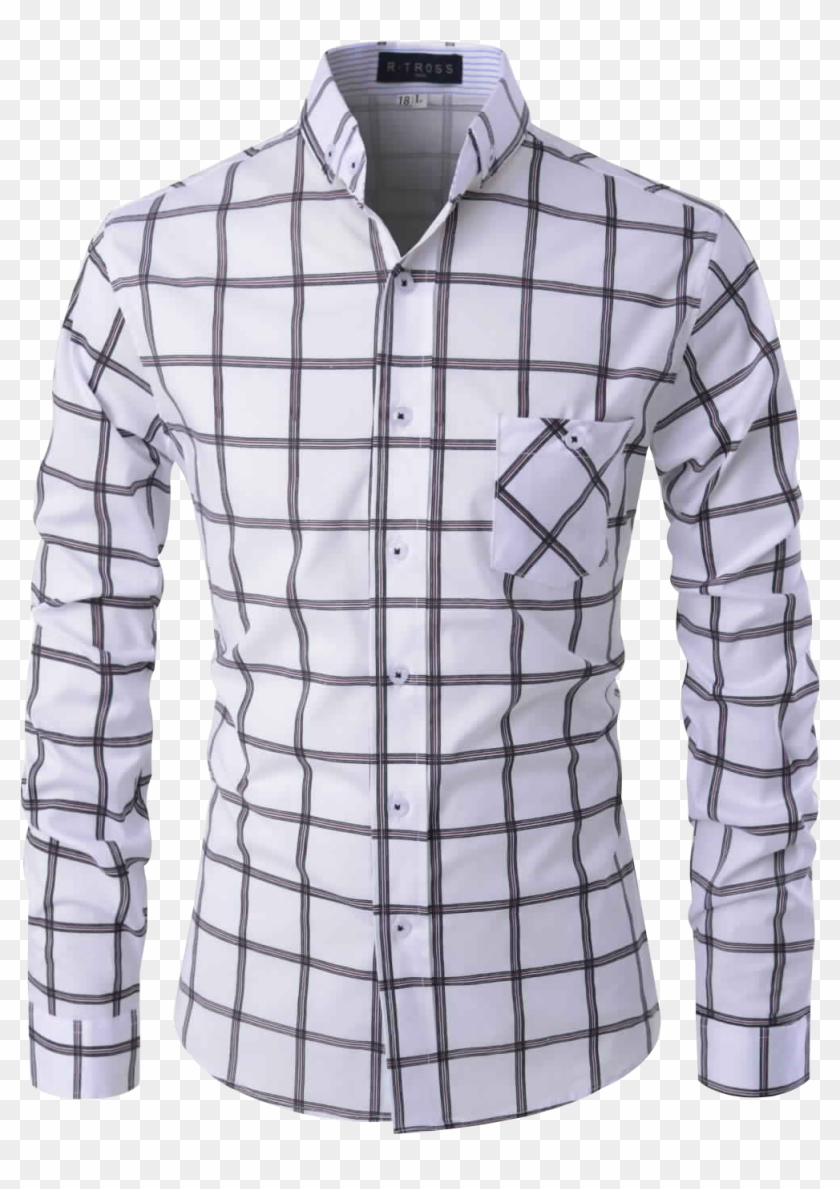 Mens White And Black Slim Fit Check Pattern Long Sleeve - Shirt Clipart #5629117