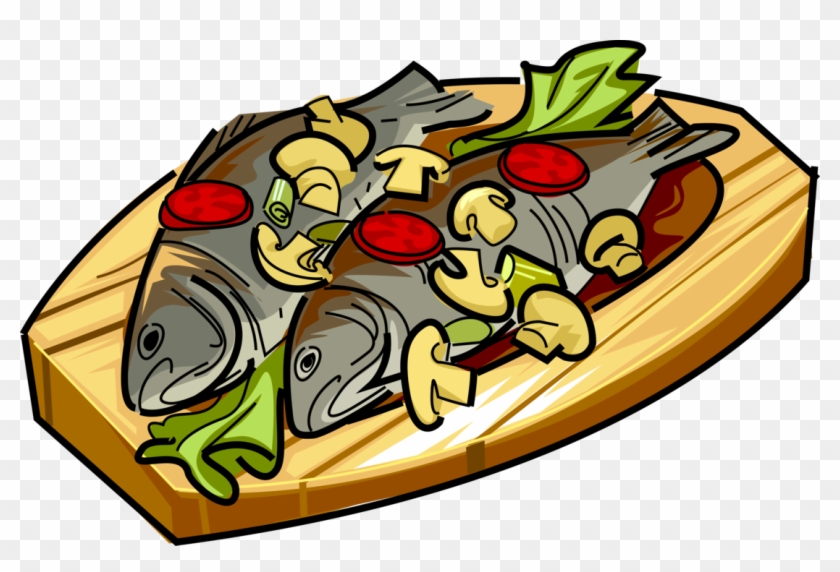 Vector Illustration Of Roast Fish With Mushrooms And - Plat Du Poisson Clipart - Png Download #5648234