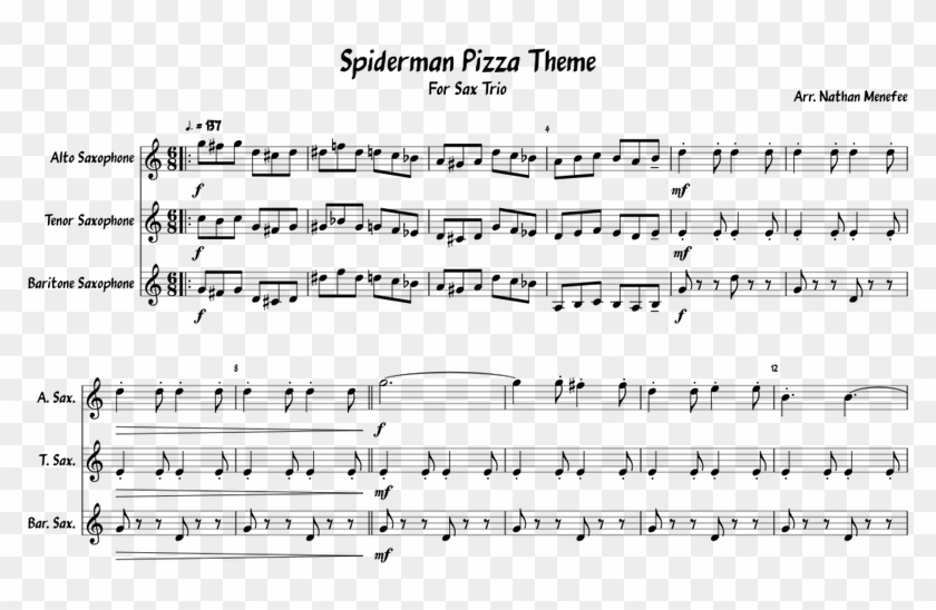 Spiderman Pizza Theme Sheet Music For Alto Saxophone, - Sheet Music Clipart