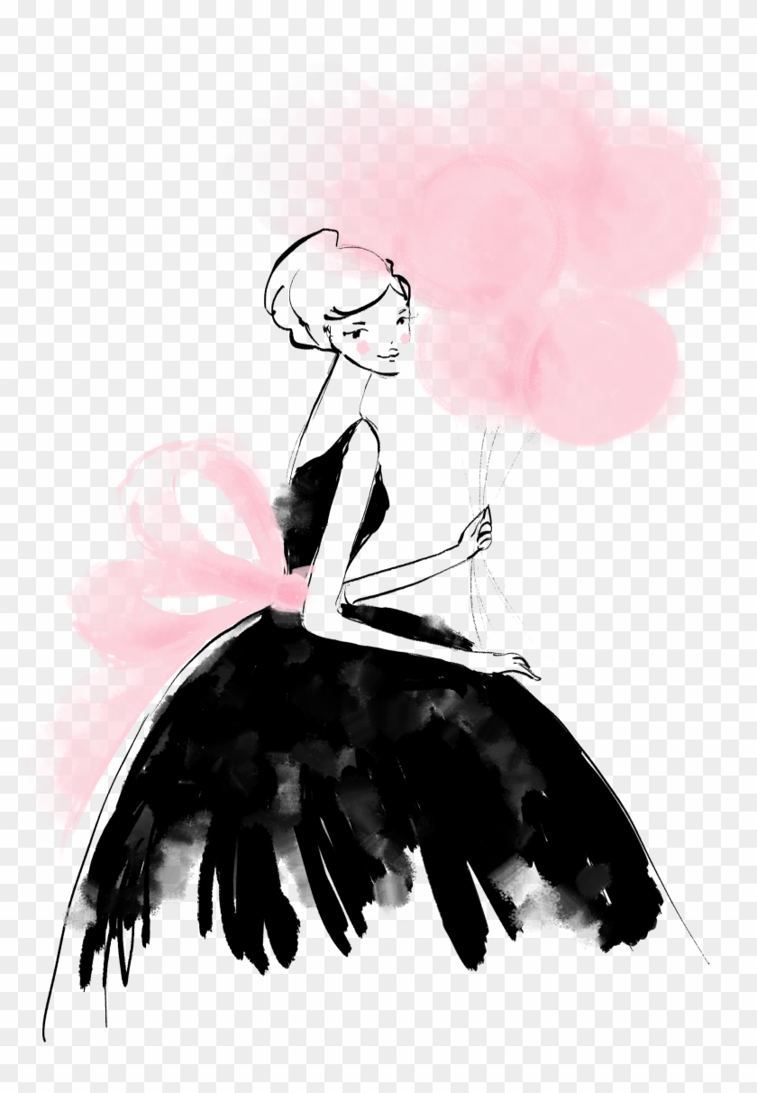Girl With Balloons Audrey Hepburn Style Illustration - Illustration Clipart