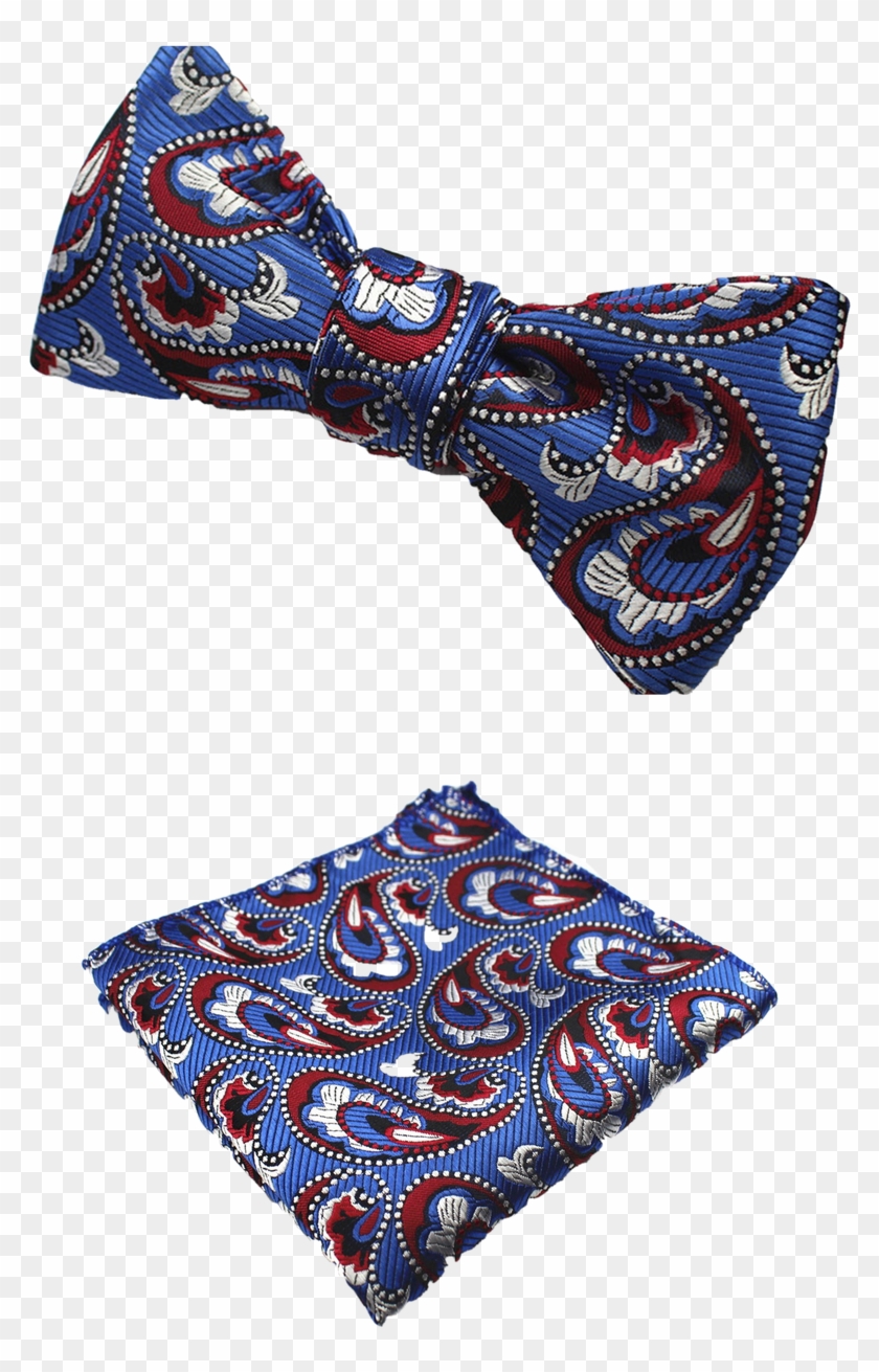 Blue, Red Paisley Bow Tie And Pocket Square - Silk Clipart #5679408