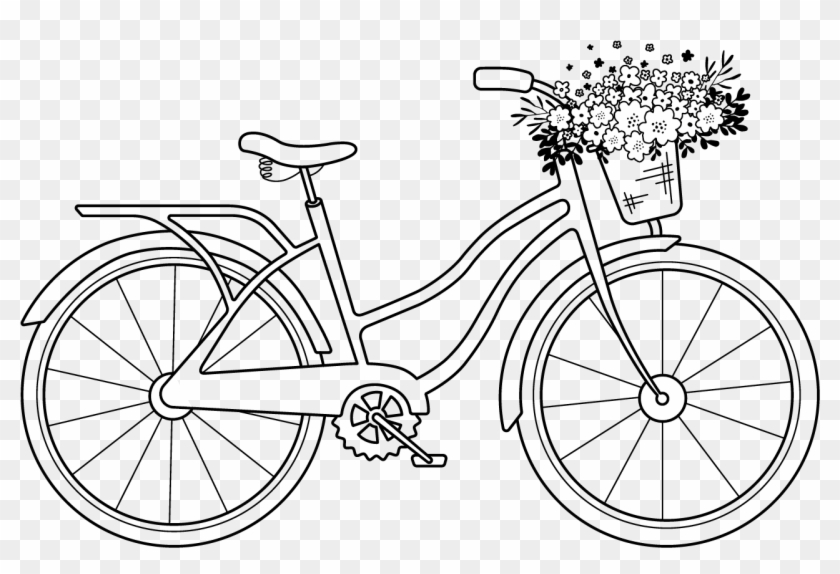 Vintage Bike With Flowers Digi Stamp - Bike Flower Coloring Clipart