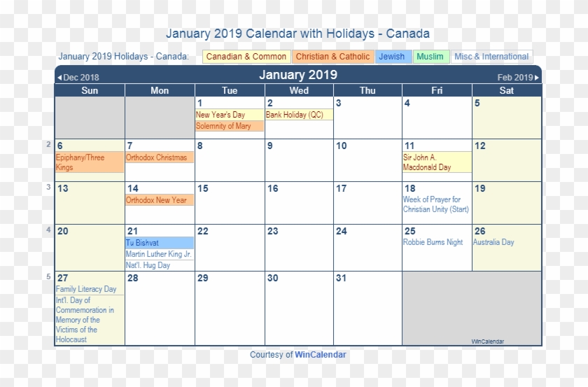 January 2019 Holidays Calendar Canada - January 2019 Calendar Holidays Clipart #5713897