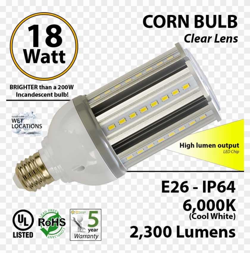 18w Led Corn Bulb Light 200 Watt Replacement 2300 Lumens - 9 Watt Led Tube Clipart #5714663