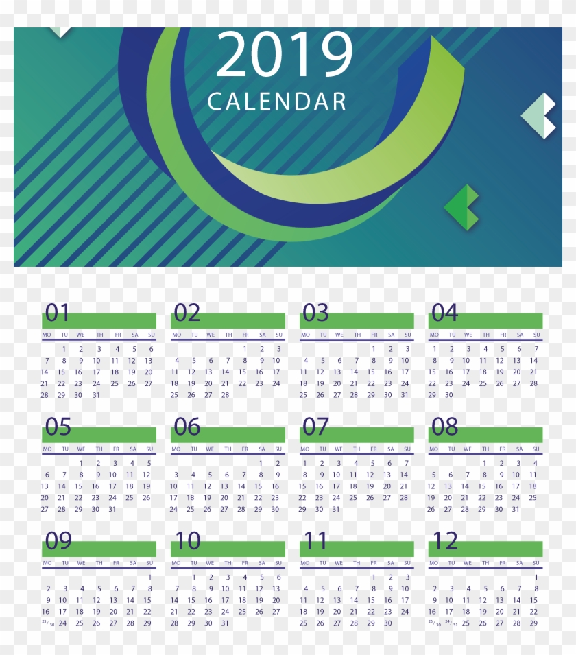 Blue Curve New Year Calendar 2019 Vector - Calendar Clipart #5714751