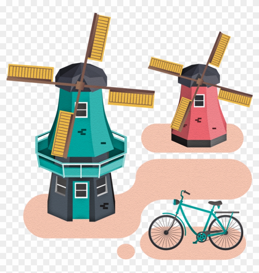 Dutch Icons Cartoon Background, City Illustration, - Windmill Amsterdam Illustration Clipart #5719253
