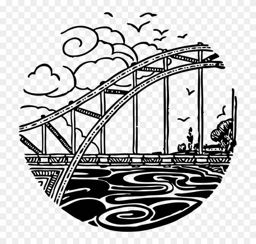 Bridge, River, Black And White, Rails, Birds, Clouds - Black And White Line Art Bridge Clipart - Png Download