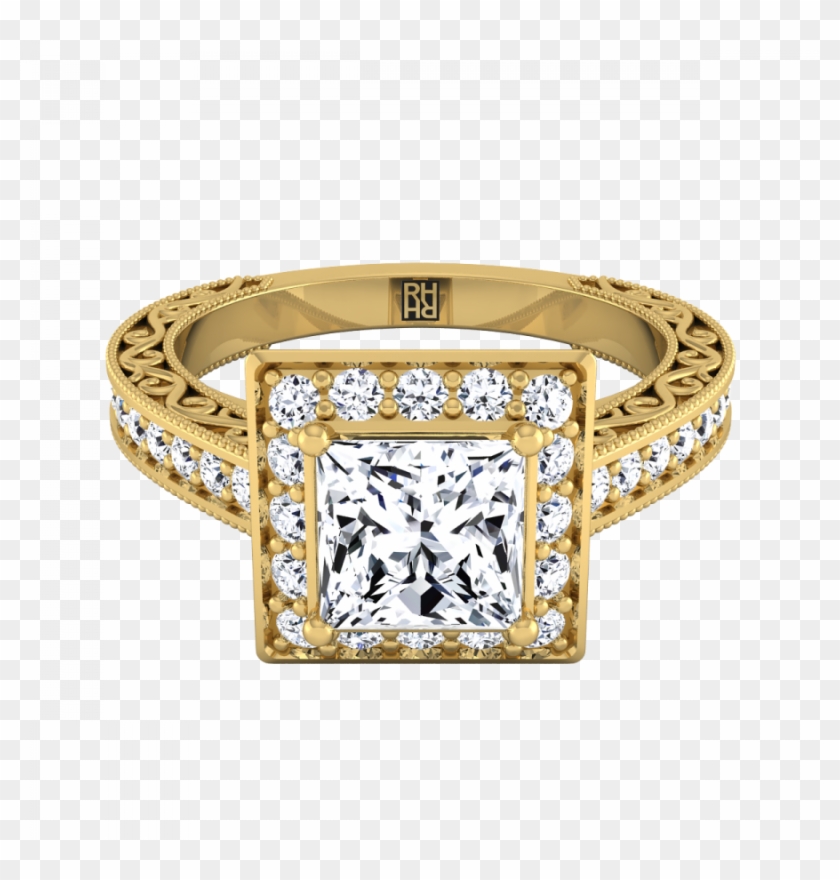 Princess Cut Diamond Halo Engagement Ring With Scroll - Engagement Ring Clipart