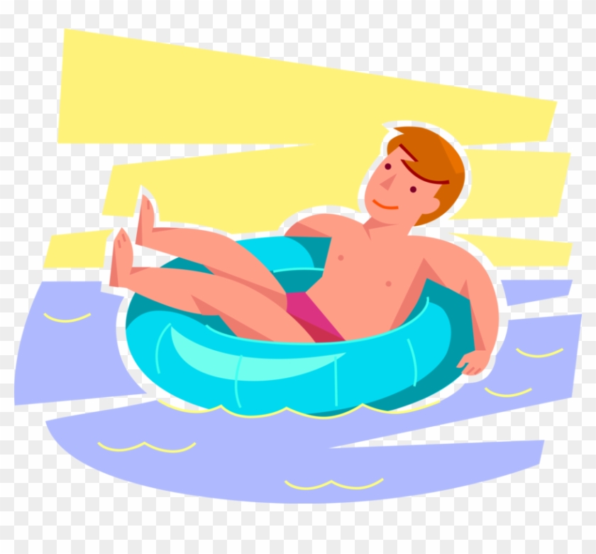 Vector Illustration Of Young Boy Floats In Inflatable - Tubing Clipart