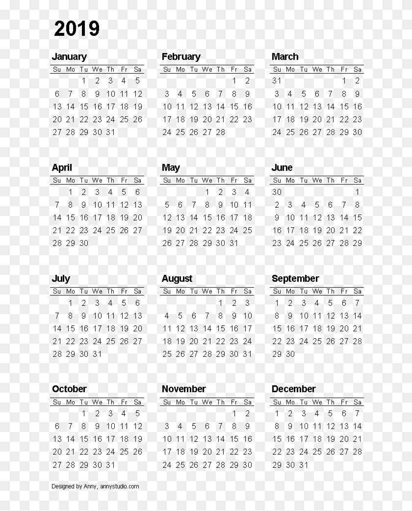 Calendar 2019 Png Image - Printable Calendar 2019 A4 Clipart #583737