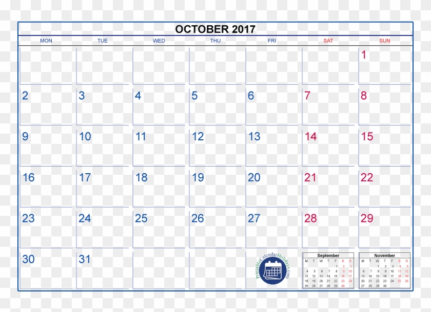 October 2017 Calendar Png Pictures - 8.5 X 14 Printable Calendar 2018 Clipart #585286