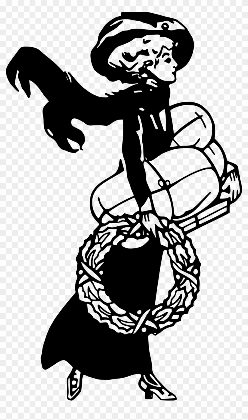 Lady Shopping With Wreath - Vintage Woman Clipart Black And White - Png Download #5821616