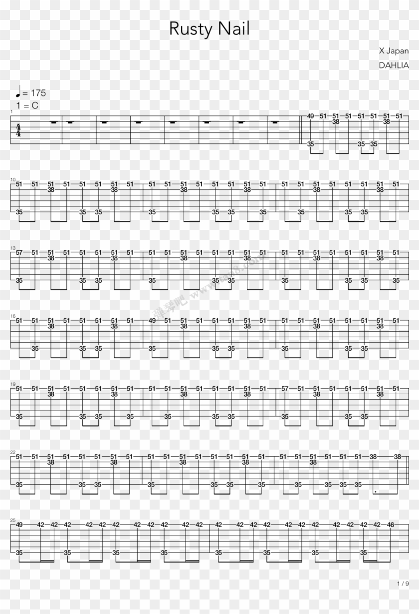 Rusty Nail 架子鼓第1张图- Electric Guitar , Png - Sheet Music Clipart