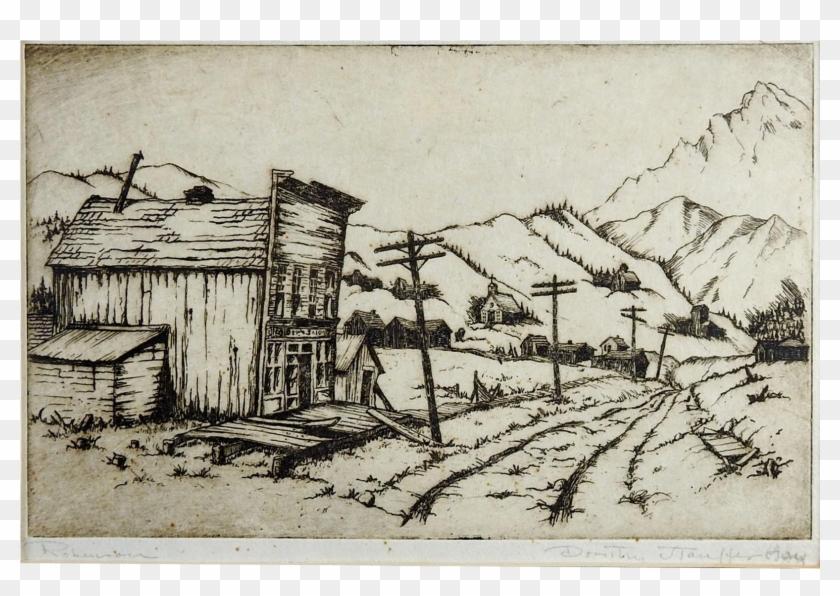 Royalty Free Stock Colorado Ghost Town Etching Print - Sketch Clipart