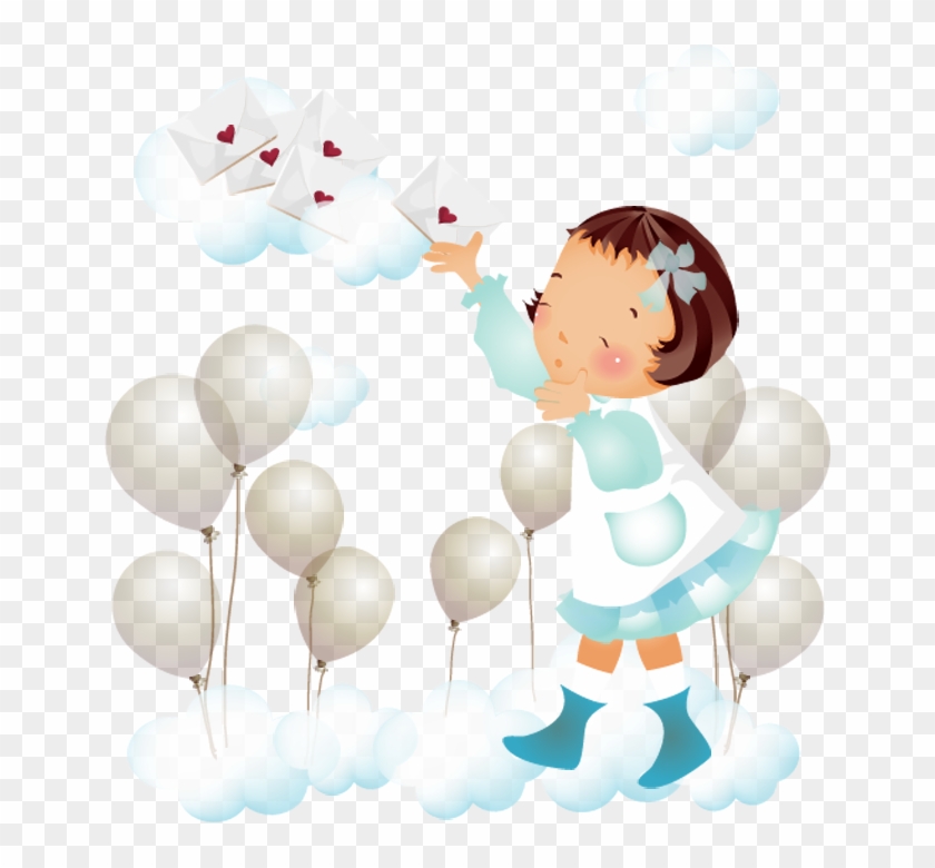 Desenho Png De Menina Nas Nuvens Balões E Cartas C - Illustration Clipart