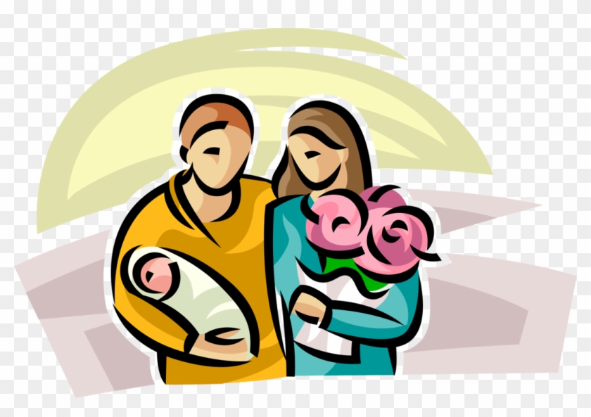 Vector Illustration Of Proud Parents With Newborn Infant - Illustration Clipart