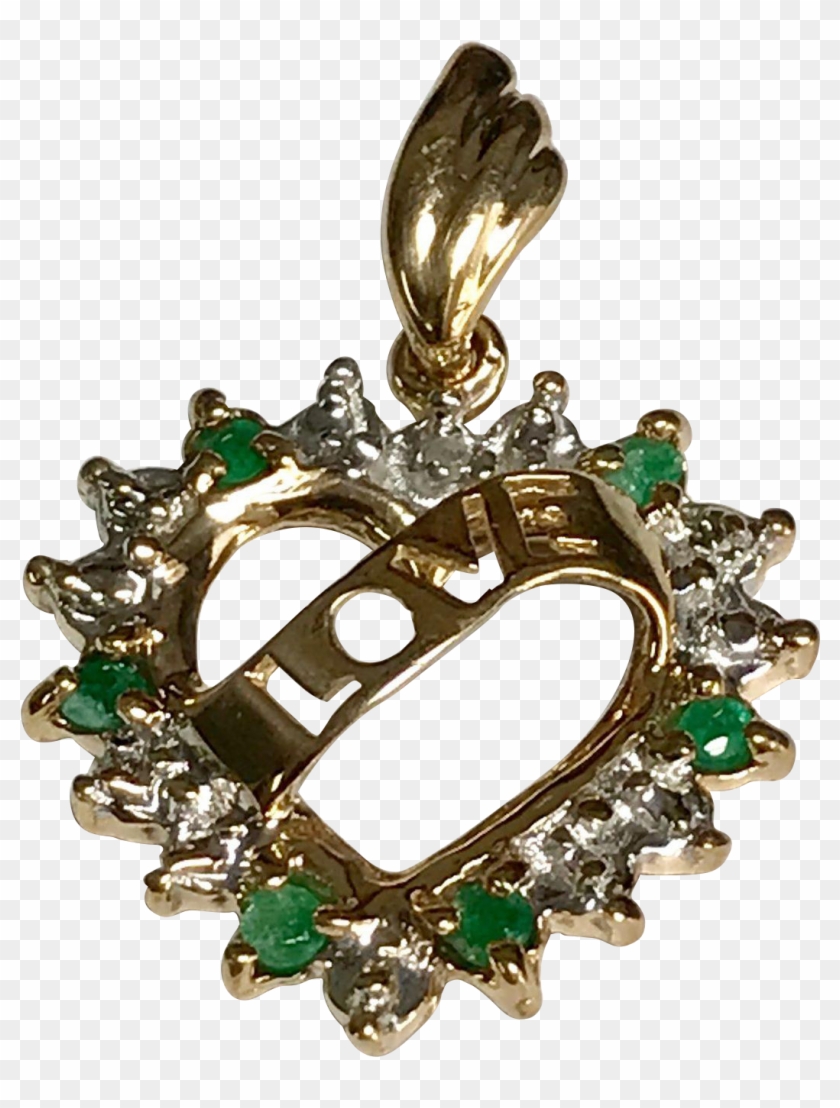 10 K Yellow Gold Emerald & Diamond Love Open Heart - Locket Clipart