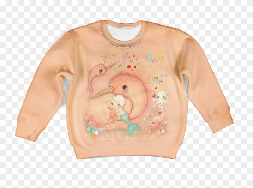3d Cute Mermaid With Fish Kid Full Print Hoodie T Shirt - Long-sleeved T-shirt Clipart