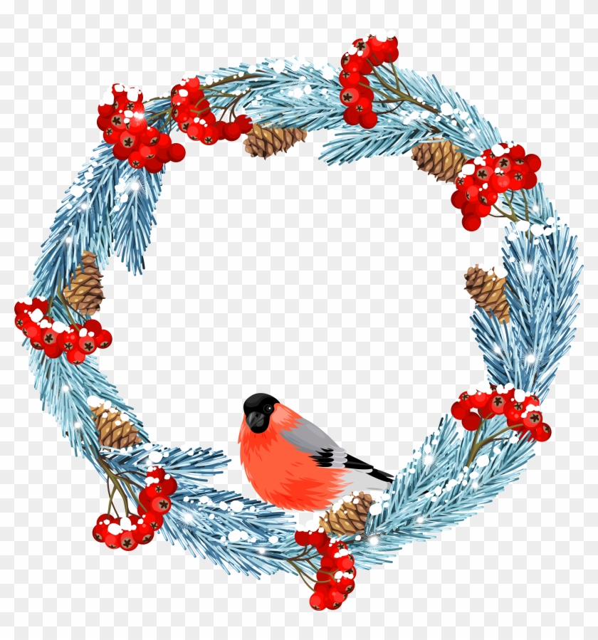 Blue Winter Wreath With Bird Png Clip Art Image - Transparent Winter Wreath Clipart #600644