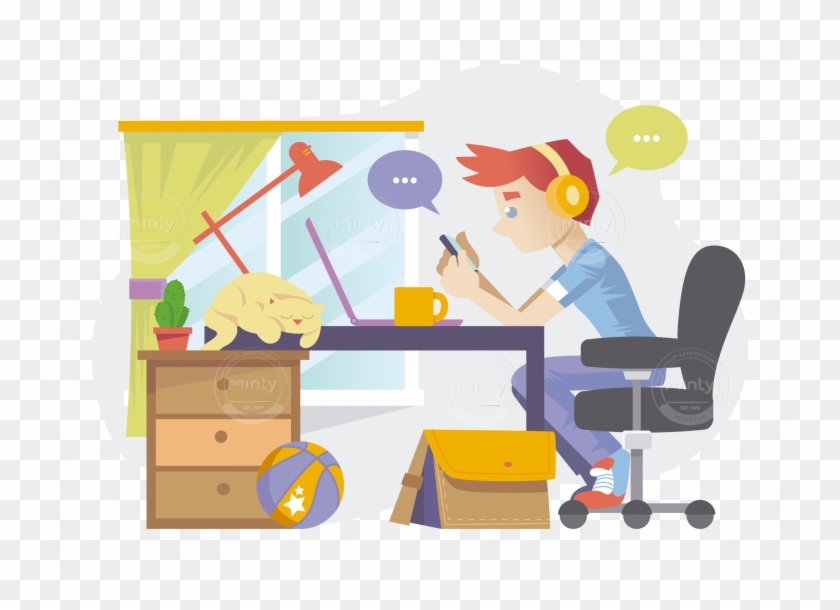 A Freelancer In A Room Working And Texting While A - Cartoon Clipart #6024680
