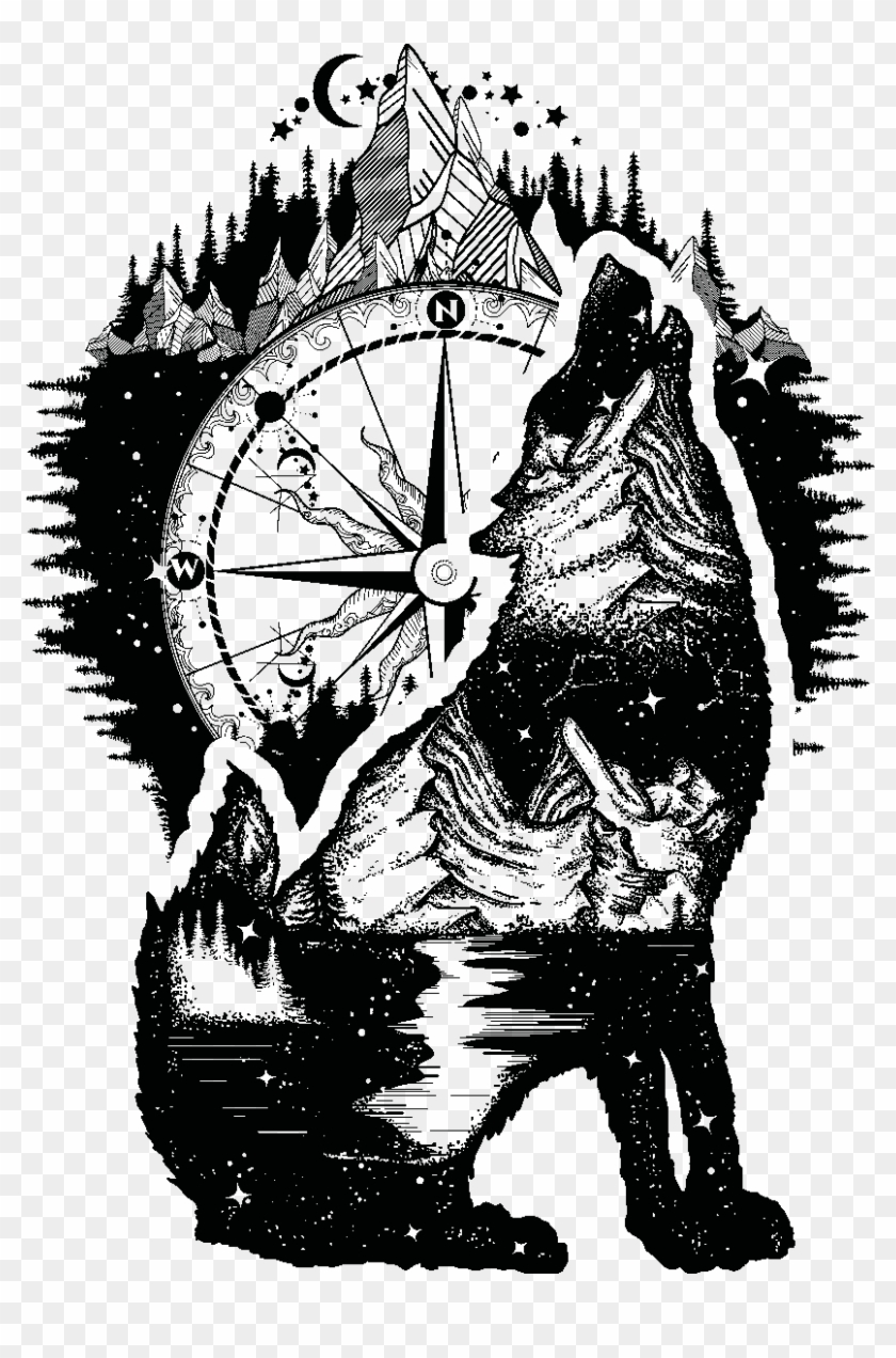 Gray Wolf, Tattoo, Tattoo Artist, Black And White, - Wind Rose Tattoo Design Clipart