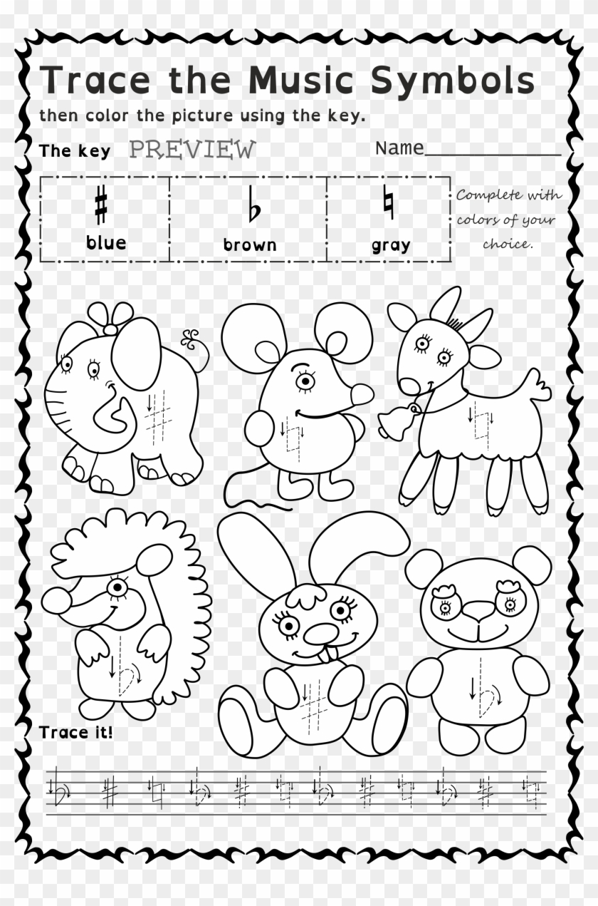 Funny Worksheets To Trace Basic Music Symbols For Younger - Cartoon Clipart #614035