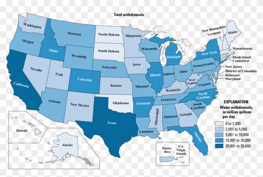 Map Showing Total Water Withdrawals By State, - United States Water Use Clipart #655947