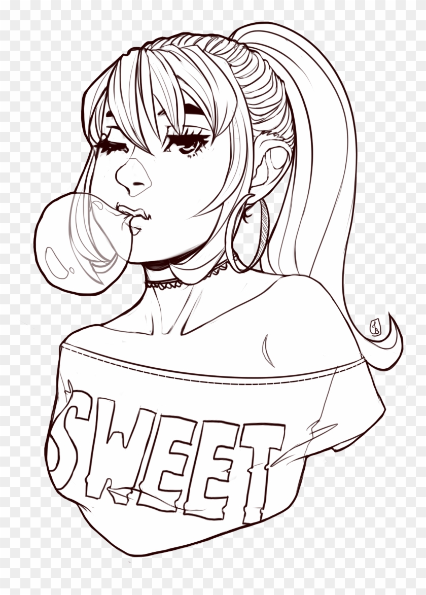 Svg Library Bust Shot Lineart Bubblegum Girl By Moustachi - Chewing Bubble Gum Drawing Clipart