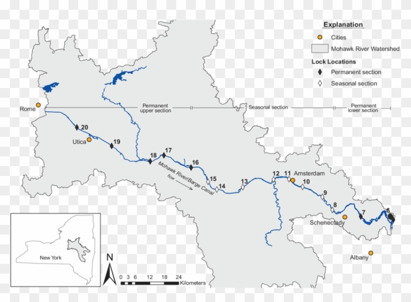 Map Of The Mohawk River Watershed Showing The Locations - Mohawk River Lock Map Clipart