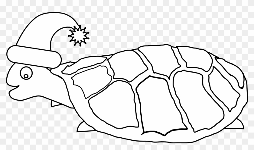 Funny Turtle With Santa Hat Black White Line Art Christmas - Christmas Color Pages Funny Clipart #716242