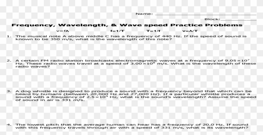 Frequency, Wavelength, Wave Speed Practice Problemswoods- - Apollo 13 Math Worksheet Clipart