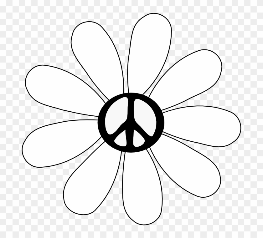 Peace Sign With Flowers - Hippie Symbols Black And White Clipart #768045