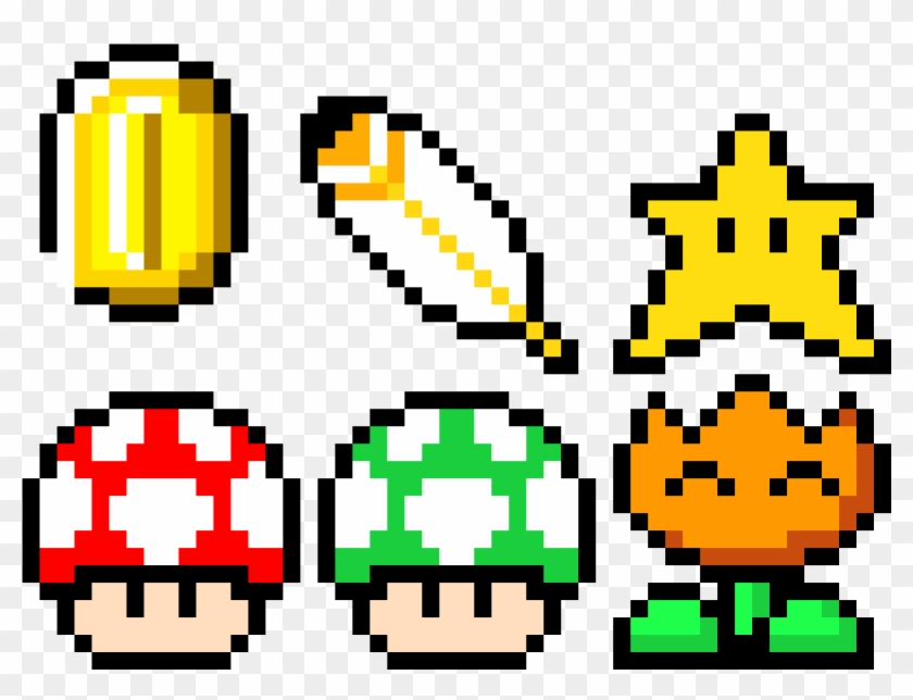 Mario Power-ups And A Coin - Pixel Art Mario Power Ups Clipart