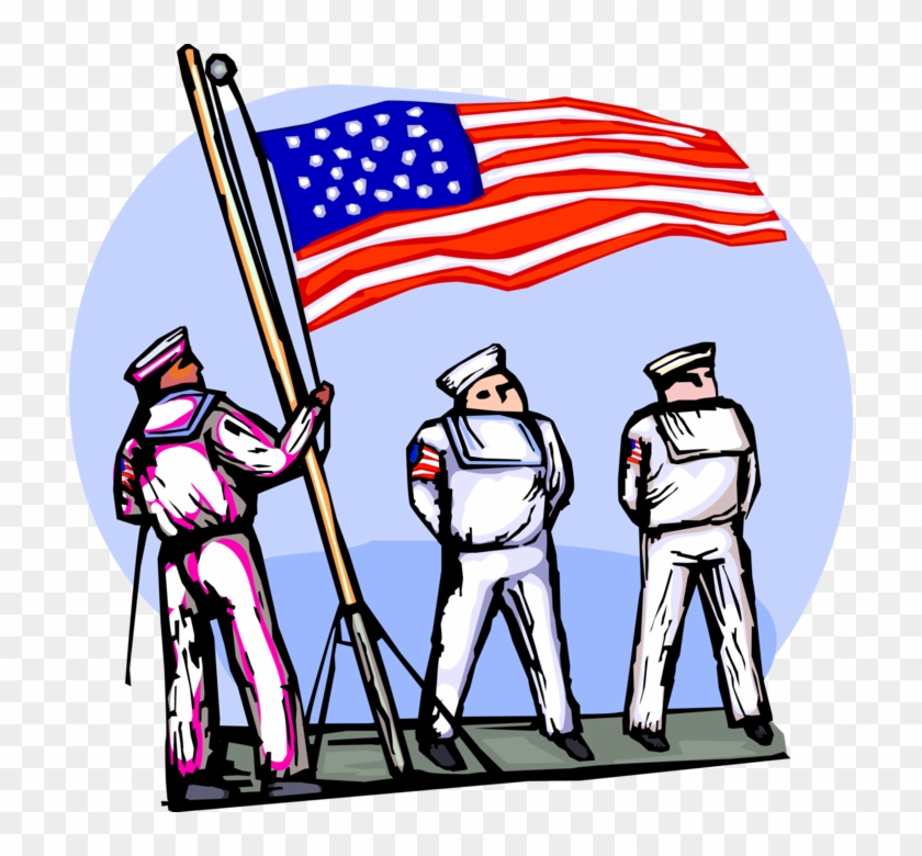 Vector Illustration Of American Naval Sailors Raise - Cartoon Clipart