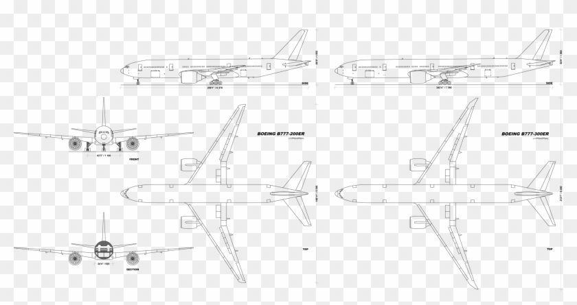 Plane Drawing, Landing Gear, Air Lines, Wide Body, - Boeing 777 Three View Clipart