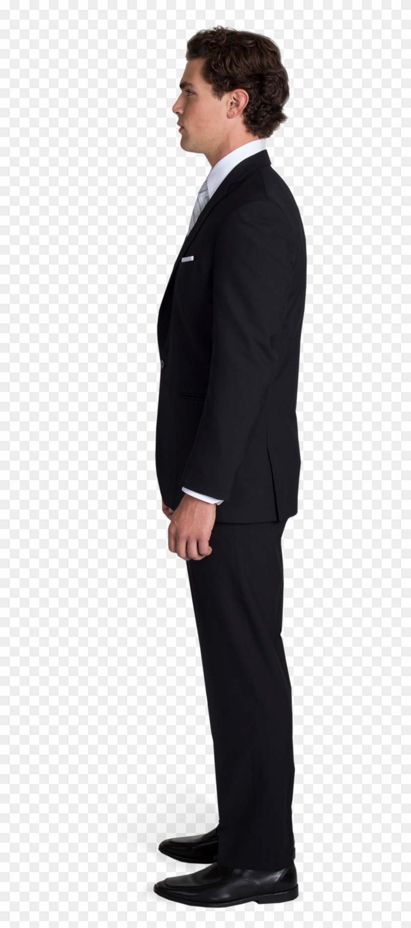Black Notch Lapel Suit With Silver Tie - Man Black Suit Side Clipart