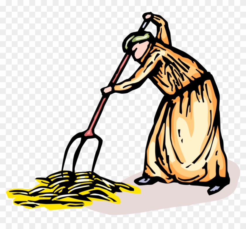 Vector Illustration Of Farmer Gathers Wheat Grain Harvest - Illustration Clipart