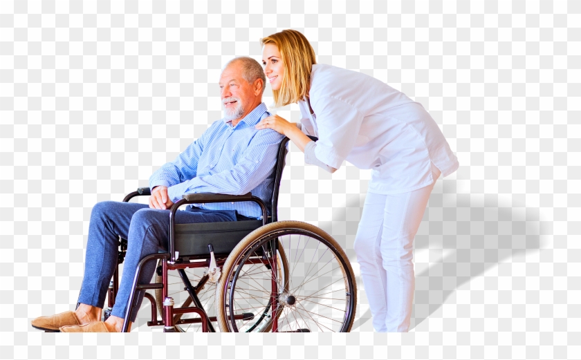 Old Man In A Wheelchair Assisted By Her Caregiver - Old Man Wheelchair Png Clipart #843882