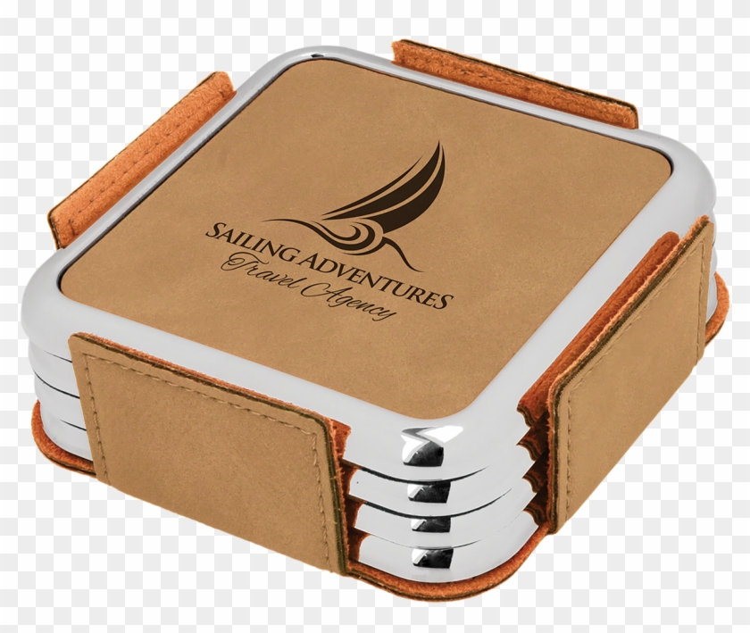 Light Brown Coaster Set With Custom Laser Engraving - Leather Corporate Gift Items Clipart