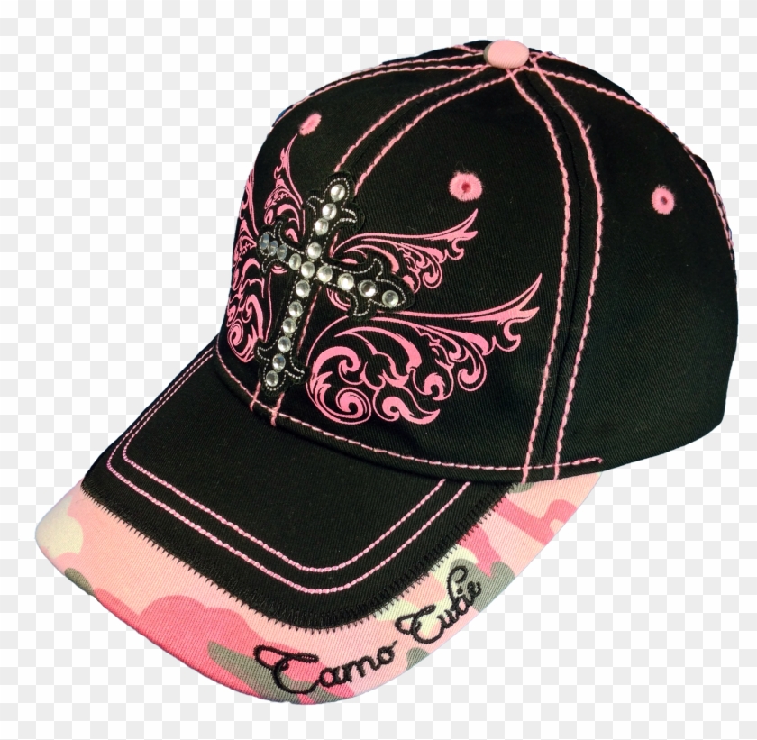 Camo Cutie Cap Ladies Black Pink Rhinestone Cross Ball - Baseball Cap Clipart #869616