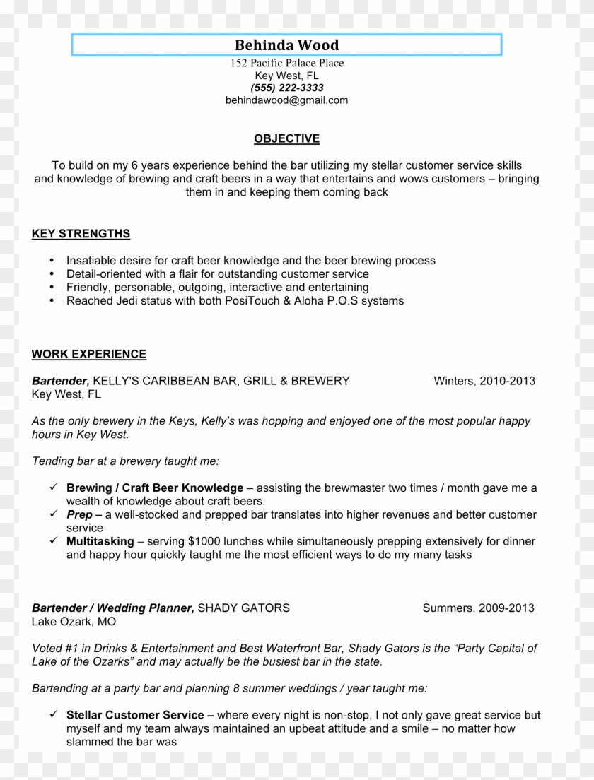 Awesome Sample Bartender Resume To Use As Template - Bartender Resume Format Clipart