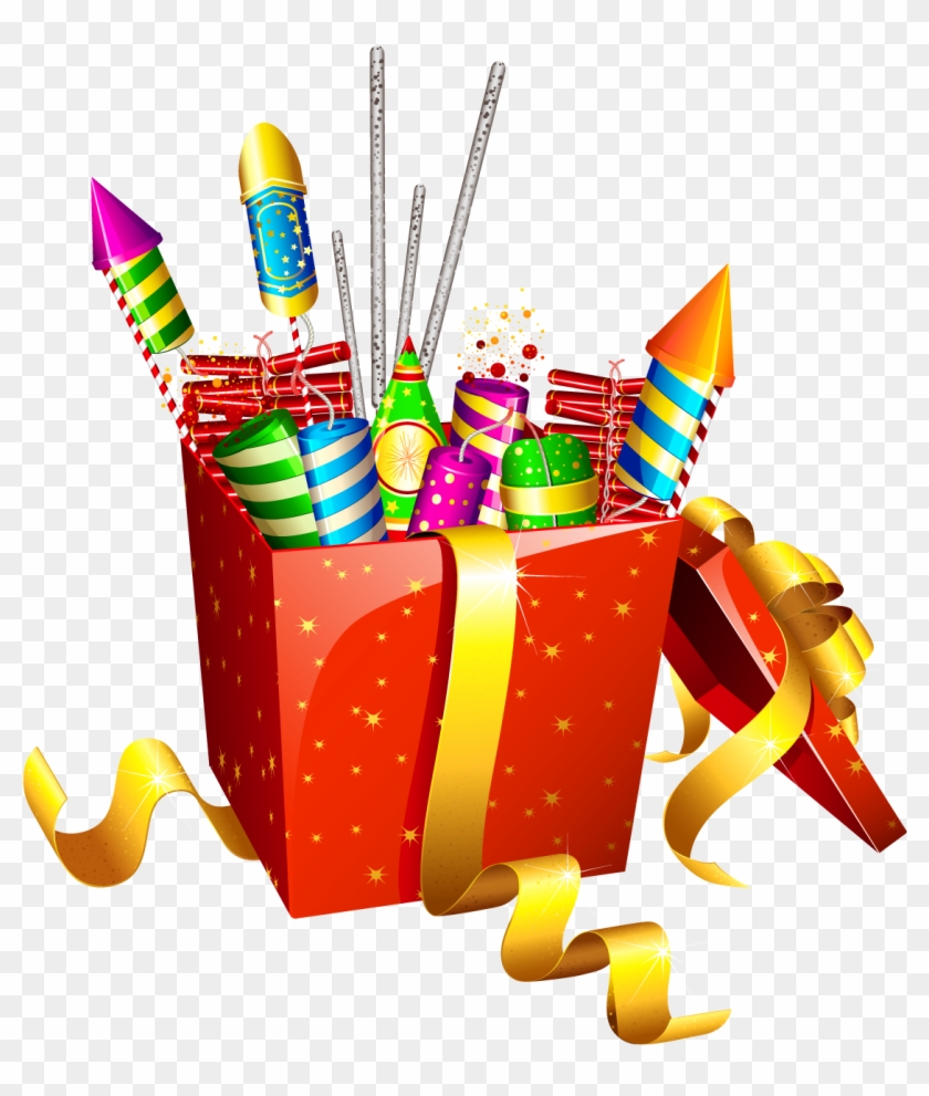 Red Present Box With Fireworks Png Clipart - Diwali Crackers Clipart Png Transparent Png #95790