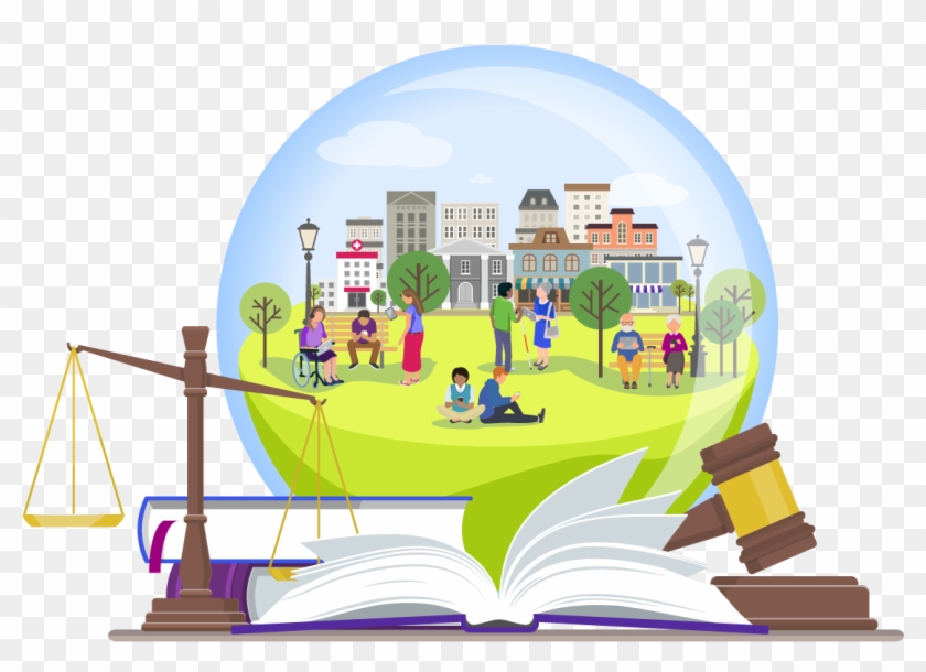 Law Books, Gavel, Scales Of Justice, And A Crystal - Playground Clipart