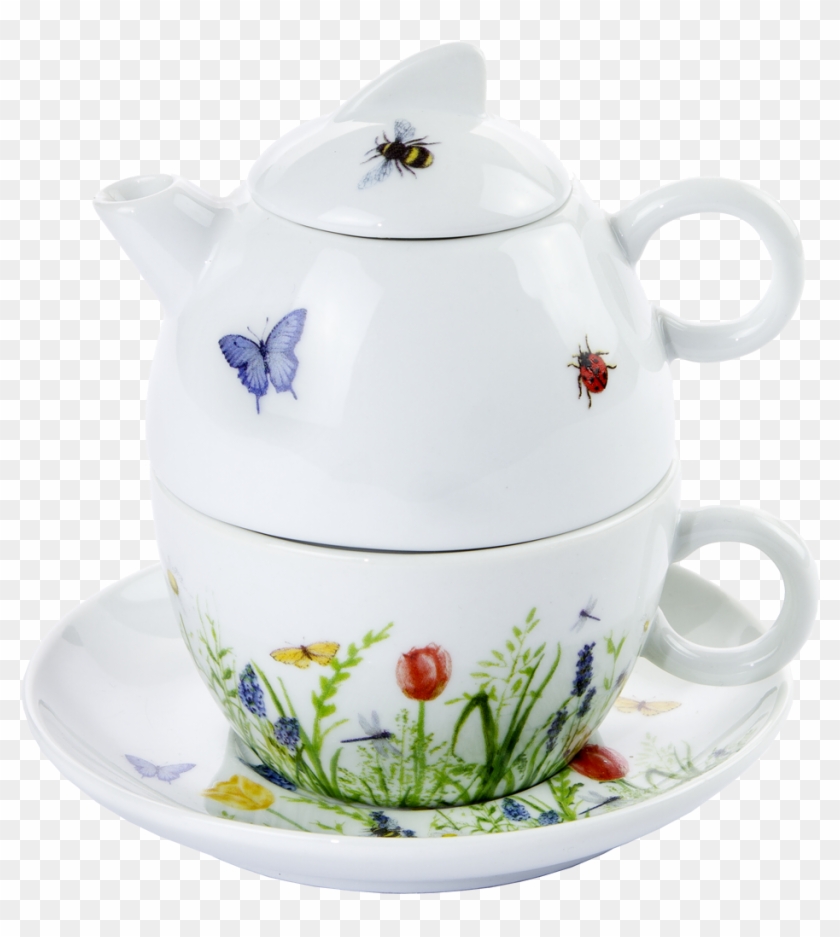 Picture Of Teapot With Cup Flowers And Butterflies - Teapot Clipart