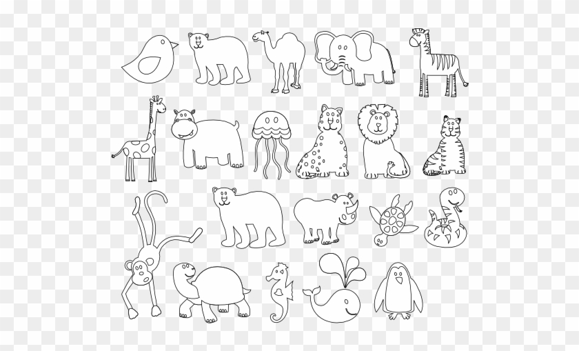 Colorful Animals Black White Line Art 555px - Clipart Line Of Animals Black And White - Png Download