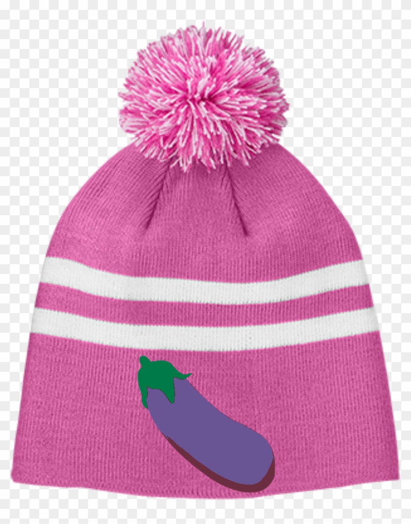 Eggplant Emoji Team 365 Striped Pom Beanie - Beanie Clipart #985863